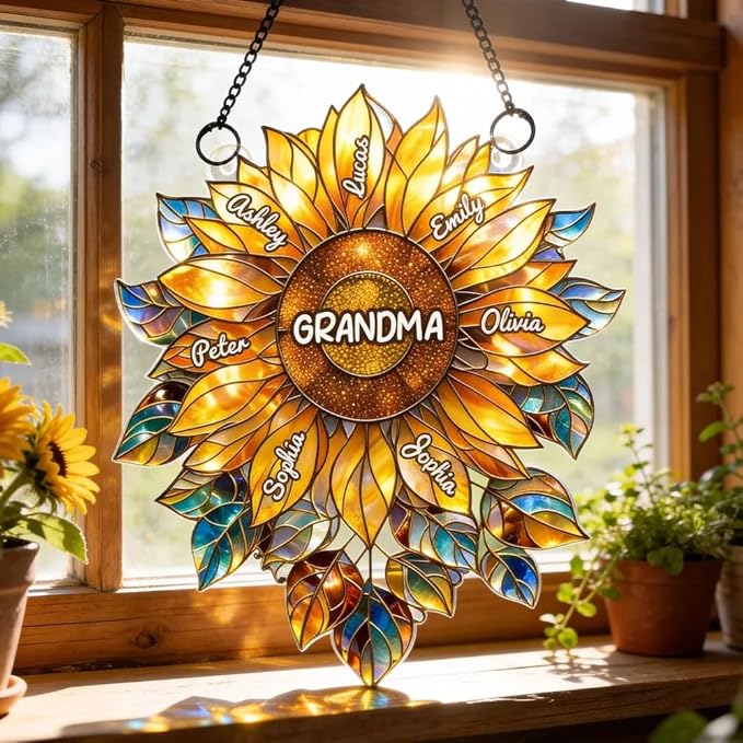 Personalized Grandma Mom Sunflower Acrylic Sun Catcher Gift for Mothers Day, Custom Grandkids Names Window Hanging Decor Ornament Gift for Mama Nana, Faux Stained Glass Ocean Decor
