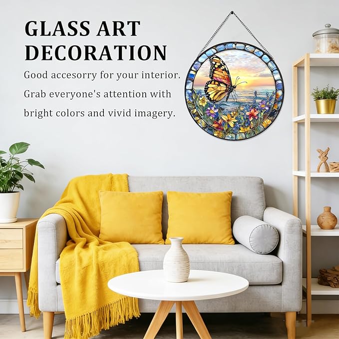7.87" Butterfly Stained Glass Window Hanging, Sun Catcher with Metal Chain and Hook, Butterfly Ornaments Gifts for Women Men, Christmas Home Decorations Floral Themed Housewarming Gifts