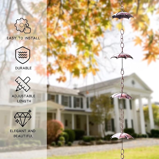 Rain Chains Metal Decorative 72" Adjustable Umbrella Rain Chain for Home Garden Patio Outdoor Decor, Functional and Decorative Replacement for Gutter Downspouts