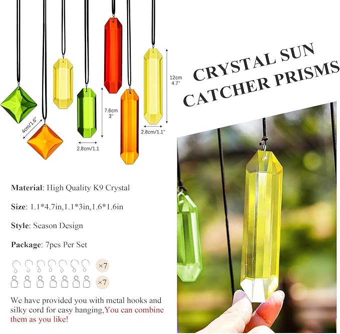 HDCRYSTALGIFTS 7PCS Crystal Prisms Suncatcher for Window Hanging, Rainbow Sun Catchers Indoor Window, Home Garden Thanksgivng Day Christmas Decorations (Season Design)
