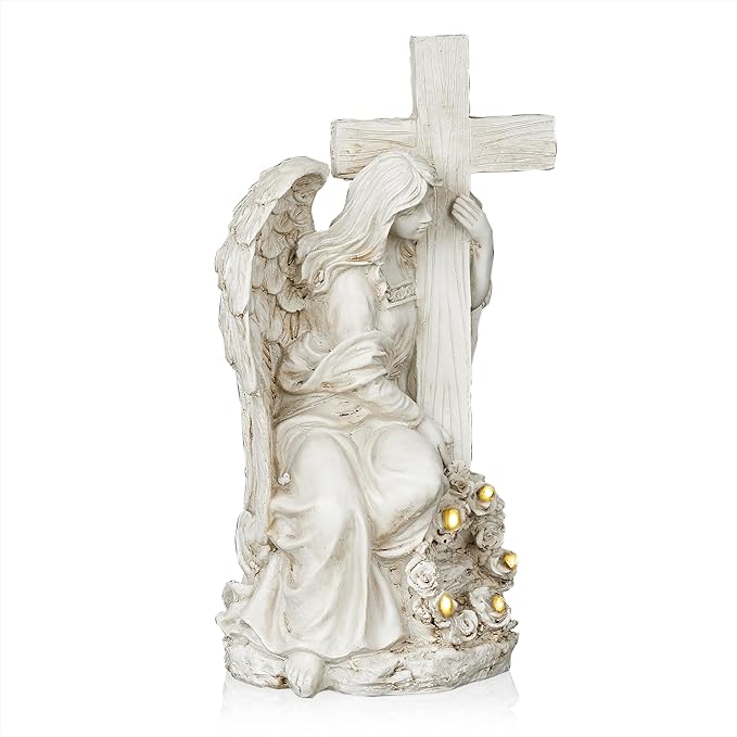 Alpine Corporation KGD574SLR Solar Angel Holding Cross Statue with LED Lights, Sentimental Decor for Garden, 14" H, White