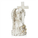 Alpine Corporation KGD574SLR Solar Angel Holding Cross Statue with LED Lights, Sentimental Decor for Garden, 14" H, White