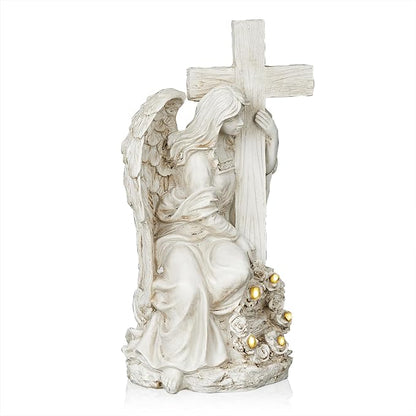 Alpine Corporation KGD574SLR Solar Angel Holding Cross Statue with LED Lights, Sentimental Decor for Garden, 14" H, White