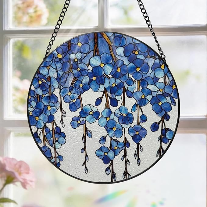 Stained Glass Window Hanging, 8 Inch Forget Me Not Flower Suncatcher, Sun Catchers Indoor Window, Blue Floral Suncatchers for Windows Hanging, Spring Home Garden Decor Panel Gifts for Mom Grandma Wife