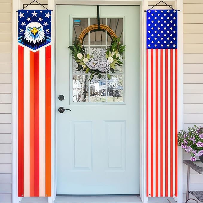 BlissYard 4th of July Decorations 2Pcs Patriotic Decor Door Banner American Flag Banner USA Independence Banners Hanging Porch Signs for Memorial Day Veterans Day Labor Days for Yard Indoor Outdoor Supplies