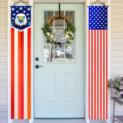 BlissYard 4th of July Decorations 2Pcs Patriotic Decor Door Banner American Flag Banner USA Independence Banners Hanging Porch Signs for Memorial Day Veterans Day Labor Days for Yard Indoor Outdoor Supplies