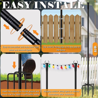 10Ft String Light Poles 4 Pack for Outside, Metal Outdoor Light Poles with 5 Prongs for Garden Patio Backyard Deck, Fence Bracket Hanging Light for Party Wedding Decor