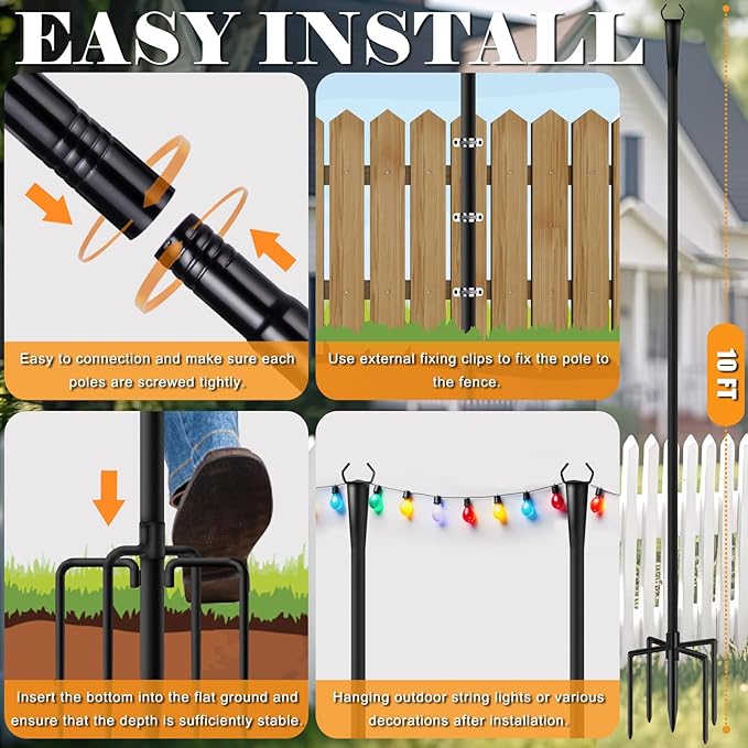 10Ft String Light Poles 2 Pack for Outside, Metal Outdoor Light Poles with 5 Prongs for Garden Patio Backyard Deck, Fence Bracket Hanging Light for Party Wedding Decor