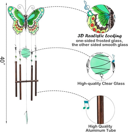 Taman Wind Chimes, 40" Butterfly Glass Wind Chime Colourful Wings Decorative Valentine's Day Gift Memorial Sympathy Gift Mom for Home, Outdoor, Yard, Patio,Garden Decor