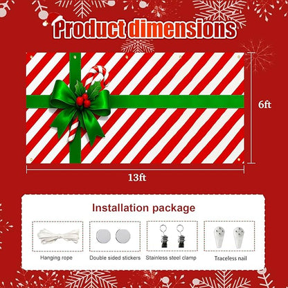 HOMETITUTE Christmas Garage Door Banner 13x6ft Gift Wrap Bow Ribbon Theme Backdrop Seasonal Christmas Decor Winter Door Cover Banners for Outside Garage Wall Covering for Party Garage Decorations