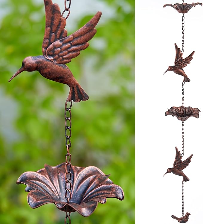HOUYANG 8.5FT Hummingbird Rain Chain,Rain Chains for Outside,Rainwater Catcher Chains, Outdoor Garden Yard Decor