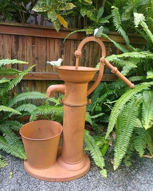 Vintage Garden Water Pump Decor, Rustic Wrought Iron Bird Bath, Red, Blue, White, Rust, Outdoor Yard Decor, Height 22 Inches (Rust)