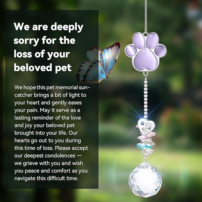 Dog Memorial Gifts for Loss of Dog, Pet Memorial Gifts for Dogs, Thoughtful Bereavement Remembrance Crystal Suncatcher with Sympathy Card (Light Violet)