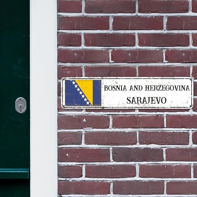 Bosnia and Herzegovina Custom Street Sign Bosnia and Herzegovina Flag Signs Capital City of Bosnia and Herzegovina Metal Sign Road Rustic Wall Art Home Decor Gift for Foreign Friend, Neighbor 24x6in