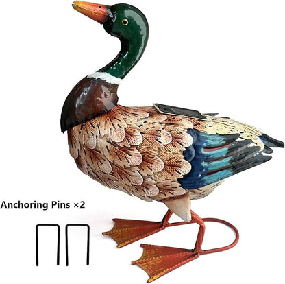 HONGLAND Solar Mallard Duck Outdoor Sculpture, 16" Metal Duck Garden Animal Statue with Lights for Outdoor Patio, Backyard, Lawn, Home Kitchen Decoration