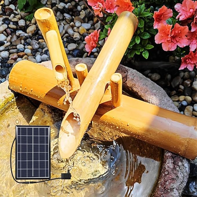 16" Solar Water Fountain with Pump, Outdoor Bamboo Fountains Japanese Rocking Bamboo Solar Fountain,for Indoor Outdoor Backyard Lawn,Creativity,