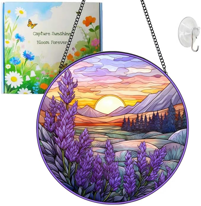 Suncatcher Lavender Stained Glass Suncatchers Stained Glass Ornament for Home Decor Indoor Wall Art Gift for Mother Women Friends (Lavender, M)