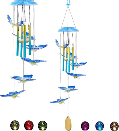 Outdoor Solar Wind Chime Decoration, Mother's Day Birthday Gifts for Grandma, Mom and Family, Outdoor Garden and Courtyard Wind Chime Accessories (Blue Butterfly)