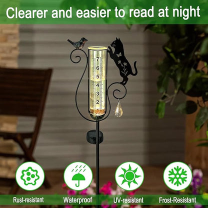 Rain Gauge Outdoor,Decorative Metal Black Cat and Bird Solar Light Stake with Rain Gauges Best Rated for Yard,Garden,Lawn, Pathway, 7" Glass Tube