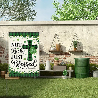 St Patricks Day Irish Blessed Garden Flag Christian Cross Lucky Shamrock Irish March Garden Flag Happy St Patricks Day Double Sided Outdoor House Flag for Outside Yard Decorations 12×18 Inch