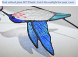 Lolitarcrafts Hummingbird with Flower Stained Glass Suncatcher Bird Stained Glass Window Hangings Hummingbird Gift for Home Decor (Blue with Flower)
