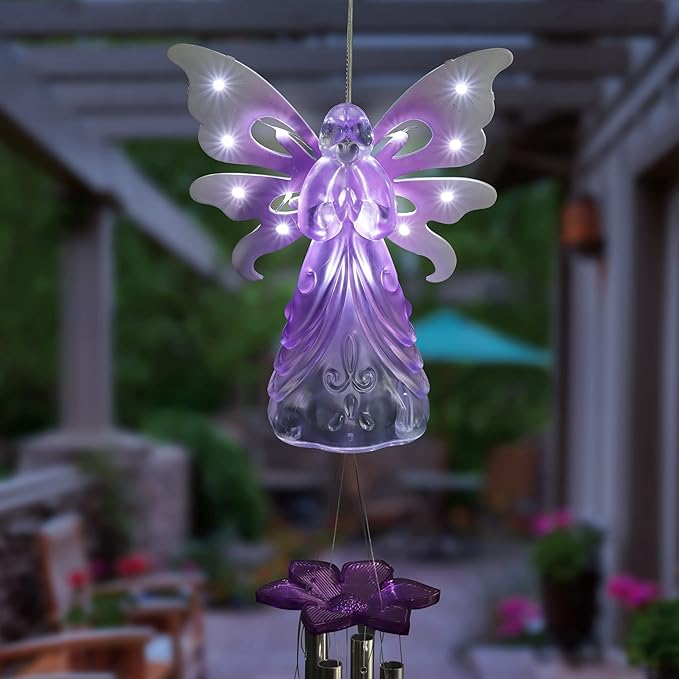 Exhart Wind Chimes, Solar Angel Wind Chime with Metal Wings, 13 LED Firefly Lights, Purple Acrylic Large Lawn and Yard Decoration, 6.5 x 4 x 42 Inch