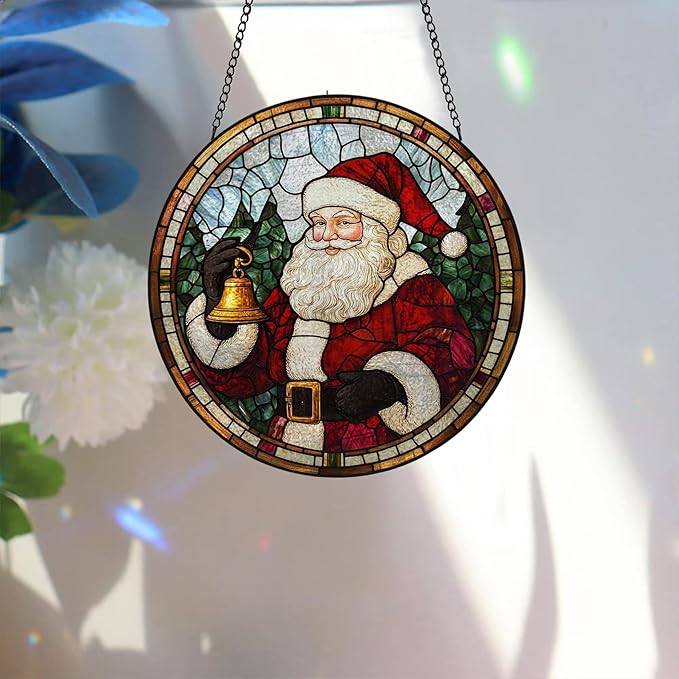 Bimkole Christmas Stained Glass Suncatcher Window Hanging - Santa Claus Indoor Window or Doorway Decoration - Handmade Sun Catcher Decor for Garden Home Christmas & Birthday Gifts 7.87x7.87 Inch