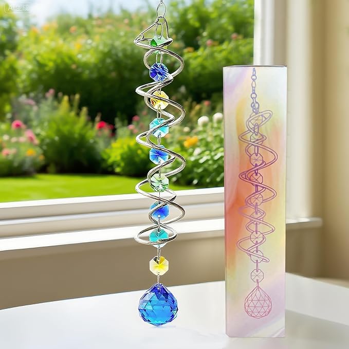 H&D HYALINE & DORA Gazing Ball Spiral Tail Wind Spinner Spiral Blue Crystal Ball with Hook Sun Catcher Rainbow Maker Hanging Decor for Yard Garden Rotating Art 20.5 "