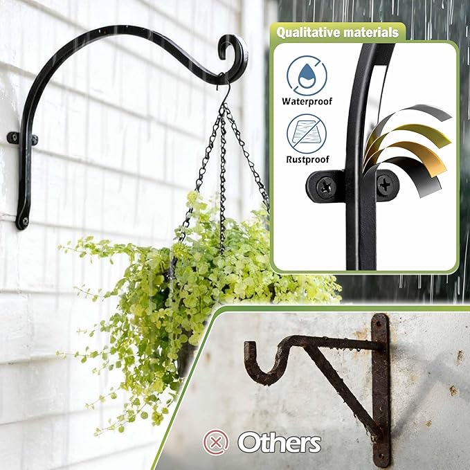 Lifyzoon Hanging Plant Brackets Outdoor: 50lbs Weight Capacity - Hanging Bird Feeder Hangers, 12-Inch Black Metal Outdoor Wall Hooks for Heavy Plants - 4 Pack, Birdhouse, Wind Chimes