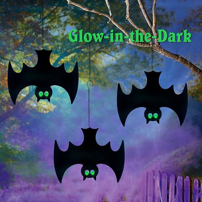 Outdoor Metal Bats, Halloween Decoration, Glow-in-The-Dark Hanging Bats, Silhouette Pendant Outdoors, Halloween Decorative Animals, Set of 3