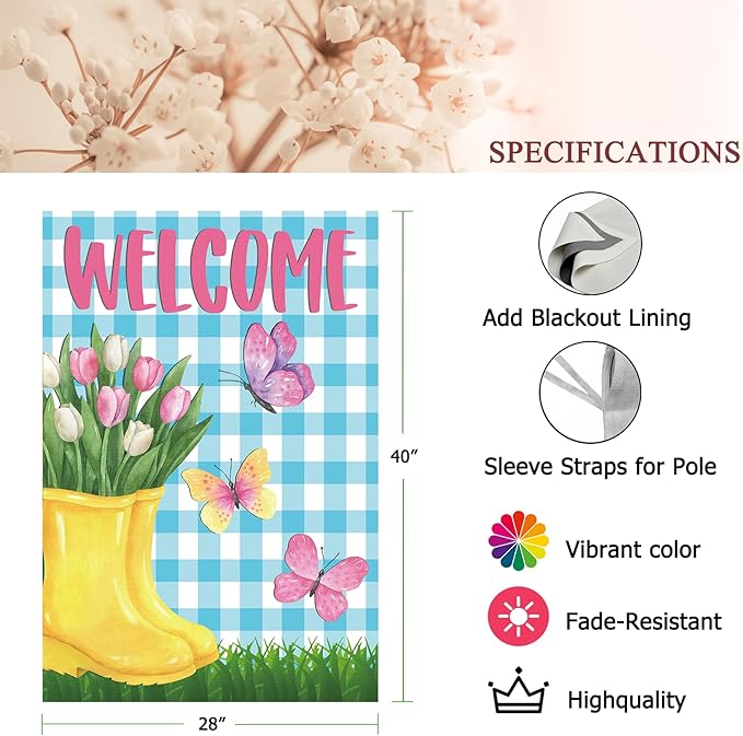 Spring House Flag 28"x40" Yellow Rain Boots with Tulips Butterflies Blue Gingham Welcome Double Sided Garden Decor for Yard Porch Outdoor