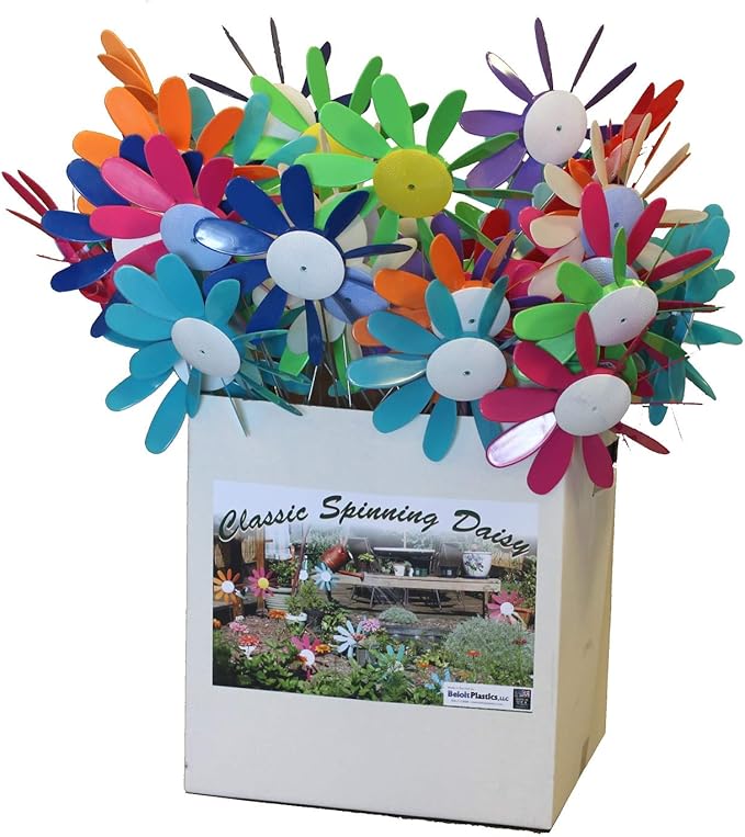 Beloit Plastics Spinning Daisy (6 Pack Random Color) Tall Pinwheel and Wind Spinner for Garden, Lawn, or Patio,Front or Back Yard Decoration,USA Made