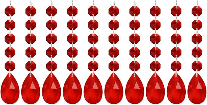 PATIKIL Teardrop Crystal Chandelier Pendants Beads, 10 Pack 145mm Length 38mm Chandelier Prisms Parts Ornaments Hanging Beads for DIY Arts Crafts Decoration, Red