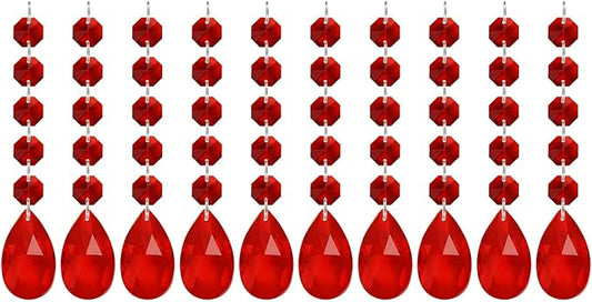 PATIKIL Teardrop Crystal Chandelier Pendants Beads, 10 Pack 145mm Length 38mm Chandelier Prisms Parts Ornaments Hanging Beads for DIY Arts Crafts Decoration, Red