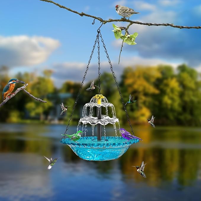 Solar Bird Bath Fountain | Hanging Plastic Water Fountain for Garden/Patio/Yard | Solar Powered Hummingbird Fountain with 3 Water Flow Modes | 28.75oz Lightweight Design