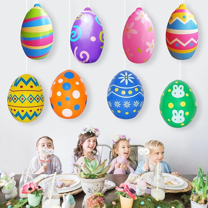 Inflatable Easter Eggs Blow Ups Decorations Outdoor Set of 8 PVC Colorful Giant Eggs Easter Inflatables Outdoor Yard Decorations Hanging Ornaments for Party Garden Lawn Decor