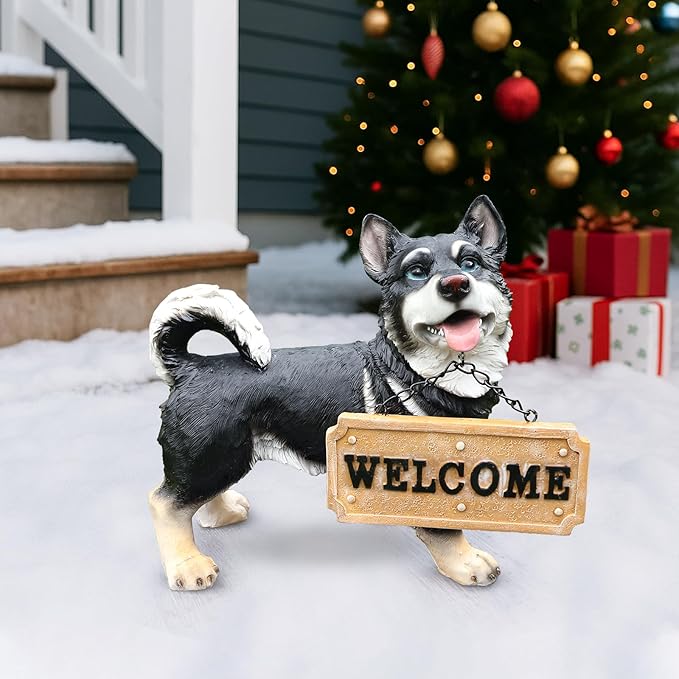 Husky Dog Garden Statue with Solar Lantern Light, Outdoor Resin Animal Figurine with Welcome & On Patrol Sign, Patio Yard Lawn Porch Decor, Housewarming Pet Memorial Gift, 9.8 Inch