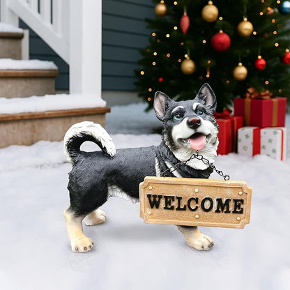 Husky Dog Garden Statue with Solar Lantern Light, Outdoor Resin Animal Figurine with Welcome & On Patrol Sign, Patio Yard Lawn Porch Decor, Housewarming Pet Memorial Gift, 9.8 Inch