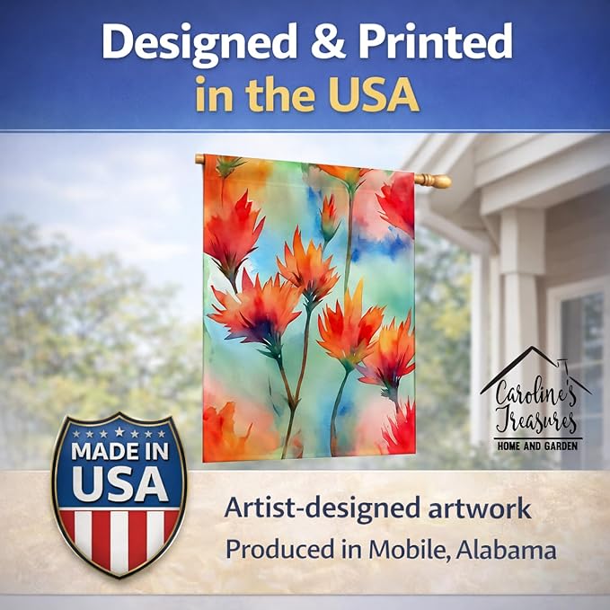Caroline's Treasures Wyoming Indian Paintbrush in Watercolor House Flag Large Porch Sleeve Pole Decorative Outside Yard Banner Artwork Wall Hanging, Polyester, House Size, Multicolor