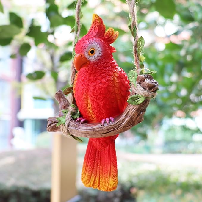 Hanging Parrot Garden Statue Decor Outdoor Hanging Animals Sculpture Decorations Tropical Swing Bird Figurine for Patio Tree Plant Lawn Yard Porch Balconies (Red)