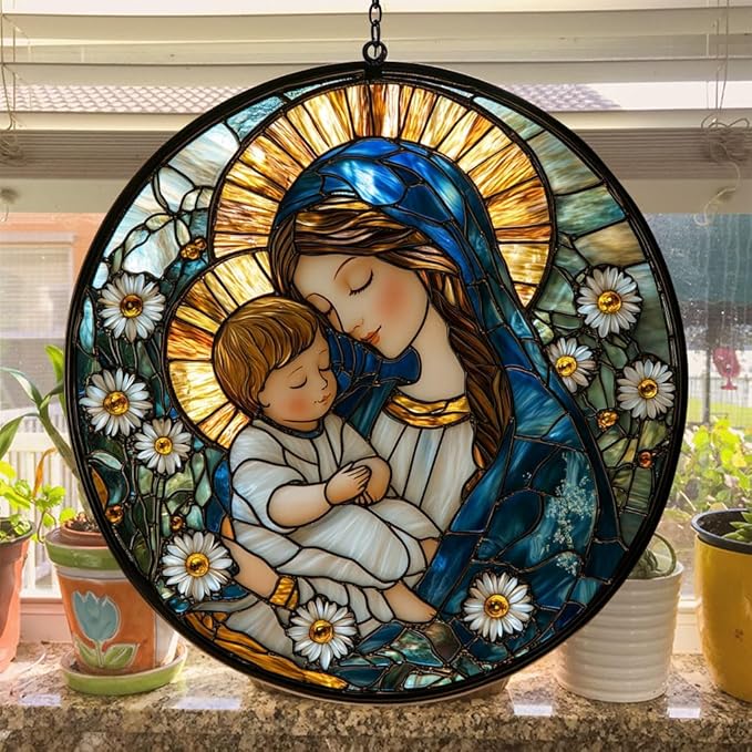 Virgin Mary Acrylic Suncatcher Stained Glass Effect Window Car Hanging Christmas Ornament Indoor Outdoor Decor Garden Memorial Sun Catcher for Family Christmas Jesus Gift for Women Mom Grandma