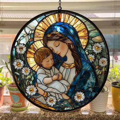 Virgin Mary Acrylic Suncatcher Stained Glass Effect Window Car Hanging Christmas Ornament Indoor Outdoor Decor Garden Memorial Sun Catcher for Family Christmas Jesus Gift for Women Mom Grandma