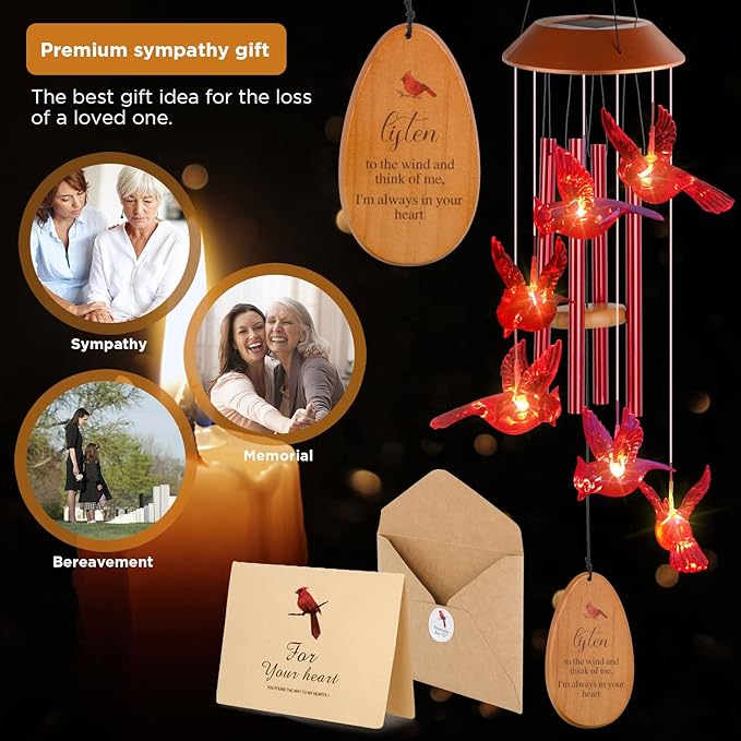 Cardinal Wind Chimes for Outside Solar Cardinal Gifts for Women Mom Grandma Father Memorial Red Bird WindChimes for Loss of Loved One Sympathy Windchime Garden Outdoor Decor