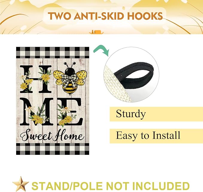 ORTIGIA Home Sweet Home Bee House Flag Double Sided 28x40 Inch, Spring Summer Yellow Flower Buffalo Plaid Check Large Yard Flag Burlap Farmhouse Rustic Outside Outdoor Lawn Patio Decor