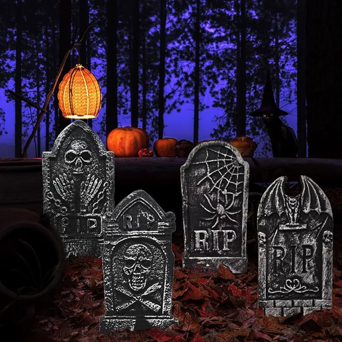 CAMIRUS 17" Halloween Foam Tombstones, 5 Pack RIP Tombstones Graveyard Headstone Decor with 10 Bonus Metal Stakes for Halloween Yard Garden Lawn Patio Outdoor Decorations