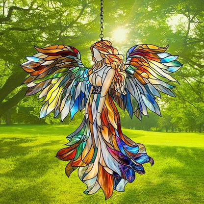 Rainbow Angel Tiffany Style Acrylic Suncatcher Stained Glass Effect Window Car Hanging Christmas Ornament Indoor Outdoor Decor Garden Sun Catcher Panel for Angel Lover for Women Mom Grandma