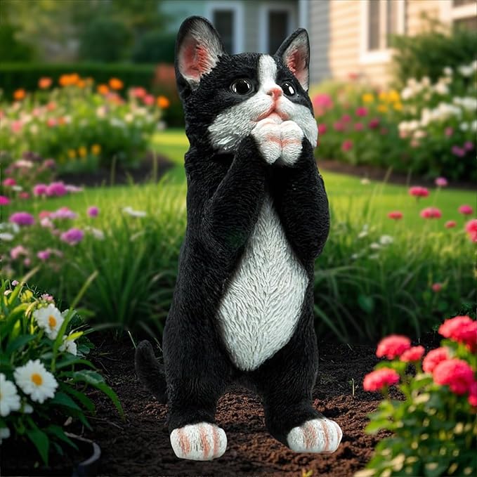 Praying Tuxedo Statues Outdoor Decorative, Cat Memorial Statue for Yard Lawn Patio Porch, Garden Pet Grave Marker Figures, 5.3" L x 3.7" W x 9.1" H