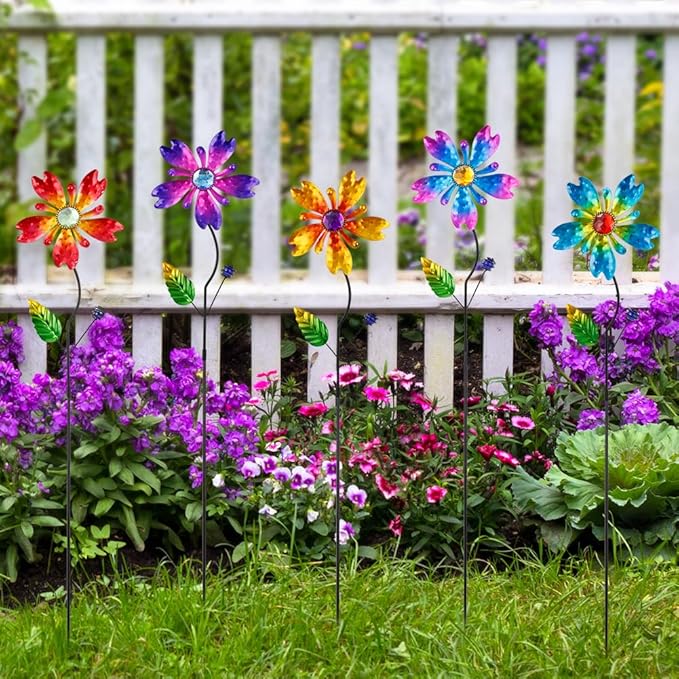 Garden Decor for Outside,5 Pcs Metal Flowers Garden Stakes Decorative Colorful Spring Yard Art Ornaments for Outdoor Lawn Porch Pathway