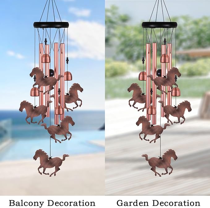 Red Copper Horse Wind Chimes - 4 Tube, 5 Horse Wind Catcher for Home, Garden, Patio, Balconies, Indoor Decoration