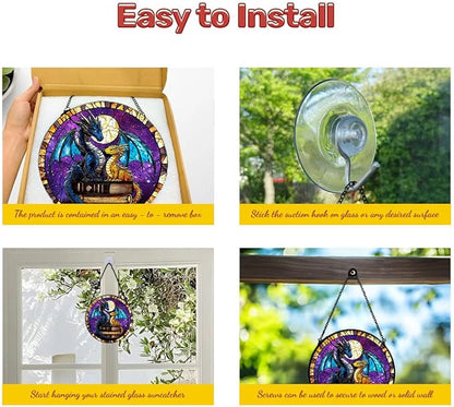 GENANY Dragon Book Stained Glass Window Hanging, Sun Catcher with Metal Chain and Hook, Bookish Gifts for Women Friends Family, Garden Decor, Housewarming Gifts, Outdoor Decor
